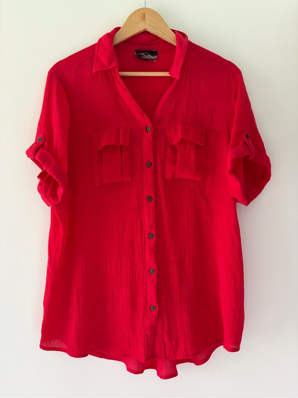 A.L.C. Bright Red Gauze Button-Down Shirt Short Sleeves Casual Summer